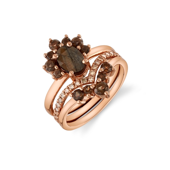 CIE - Antique Inspired Stack of 3 Rings - Size 5/12. Ring 1: 7x5mm Oval Prong with 4x 2mm & 3x 2.5mm Round Prongs Along One Side. Ring 2: V Accent Ring with 21x 1.25mm Round Prongs. Ring 3: V Accent Ring with 1x 3mm, 2x 2.5mm, 2x 2mm Round Prongs
