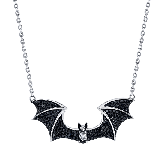 Necklace - SID - 45mm Bat with 3x2mm Pear in Stomach and Micro Pave Round Gems in Wings - BLACK RHODIUM WINGS ONLY - 18in 2mm Diamond Cut Cable Chain with Jump Ring and Extension for 20in Option - 6x2mm BVLA Logo Tag Attached to Clasp