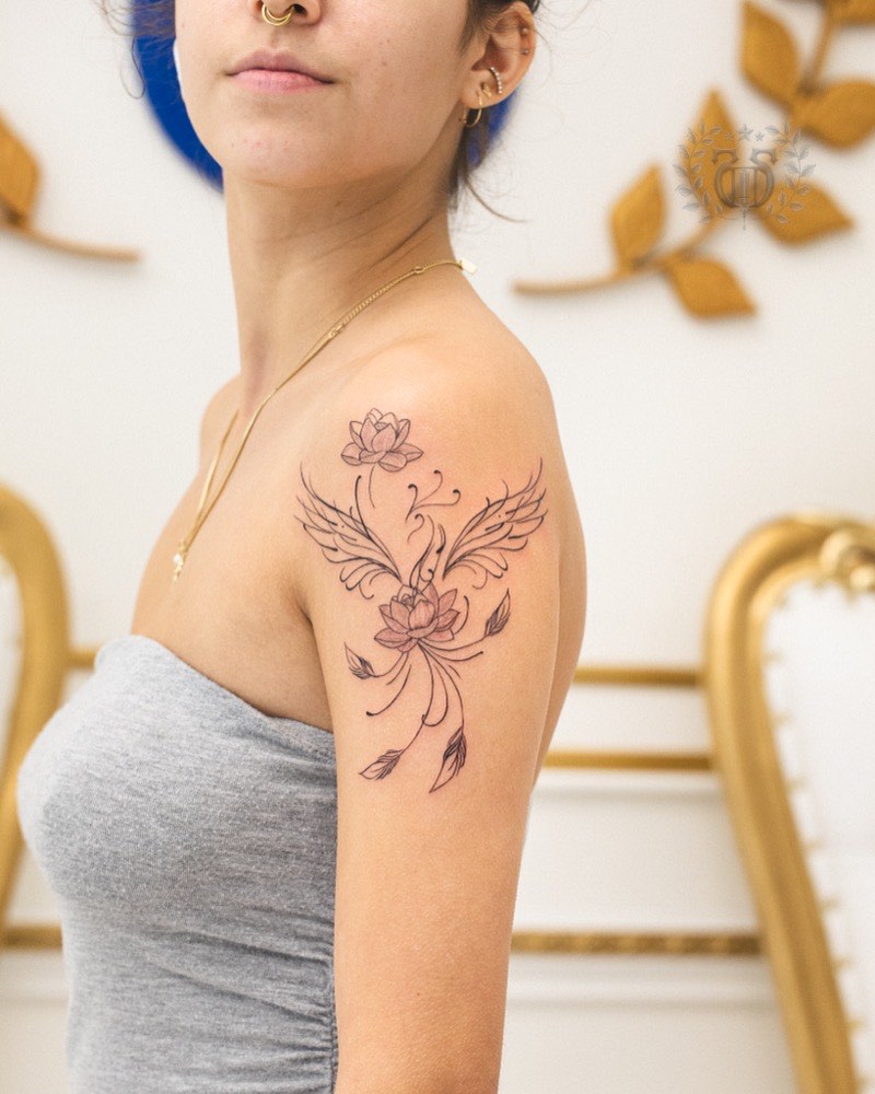 Illustrative color tattoo — storybook-style rendering