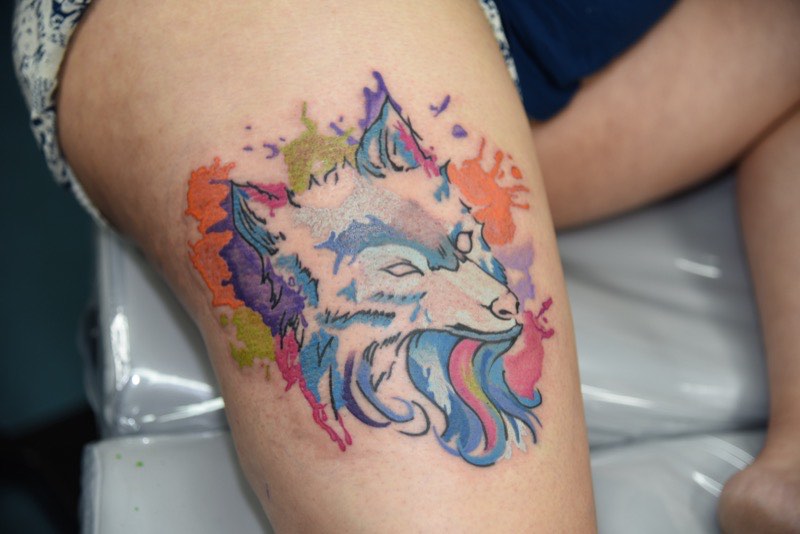 Watercolor floral tattoo — peony with wash and splatter