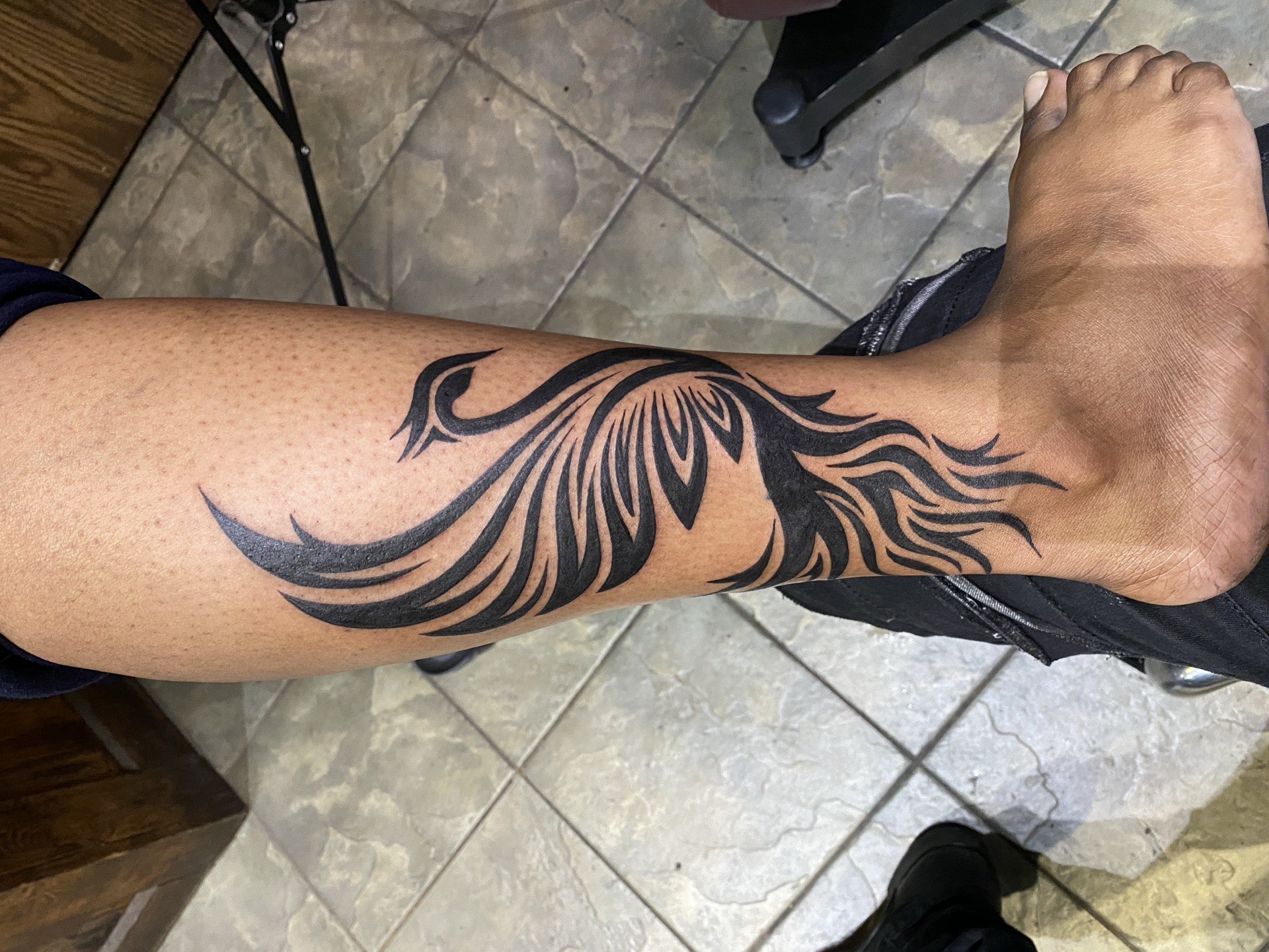 Blackwork tattoo tribal phoenix flowing design on shin and calf in Los Angeles