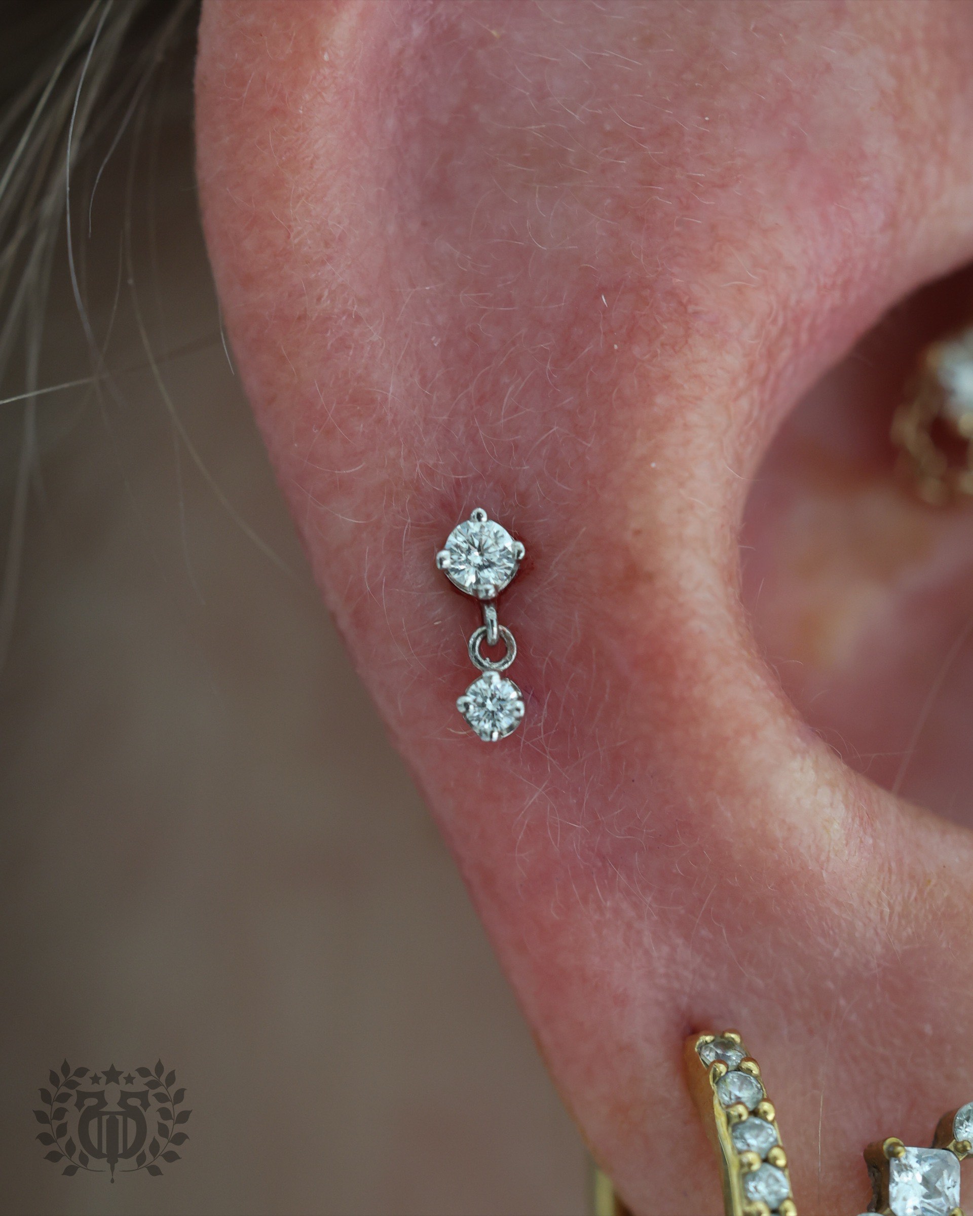 Silver double CZ dangle stud cartilage piercing macro close-up at Apollo LA