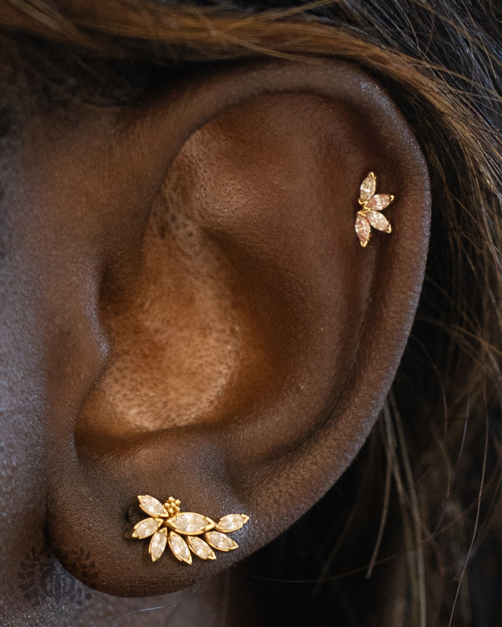 Gold marquise leaf cluster cartilage stud with matching lobe crawler at Apollo Studio Los Angeles