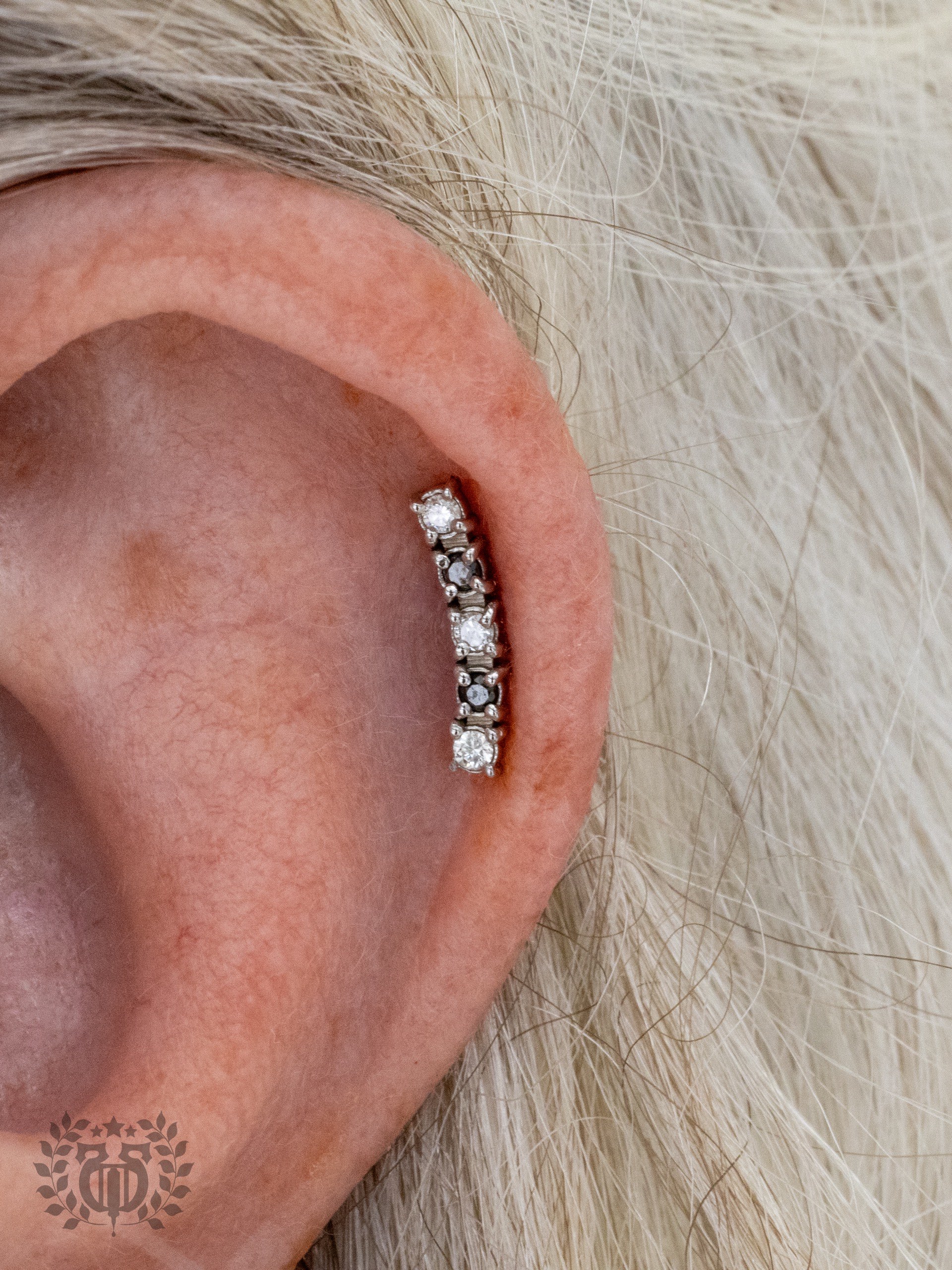 Silver CZ eternity cartilage clicker hoop macro close-up at Apollo LA