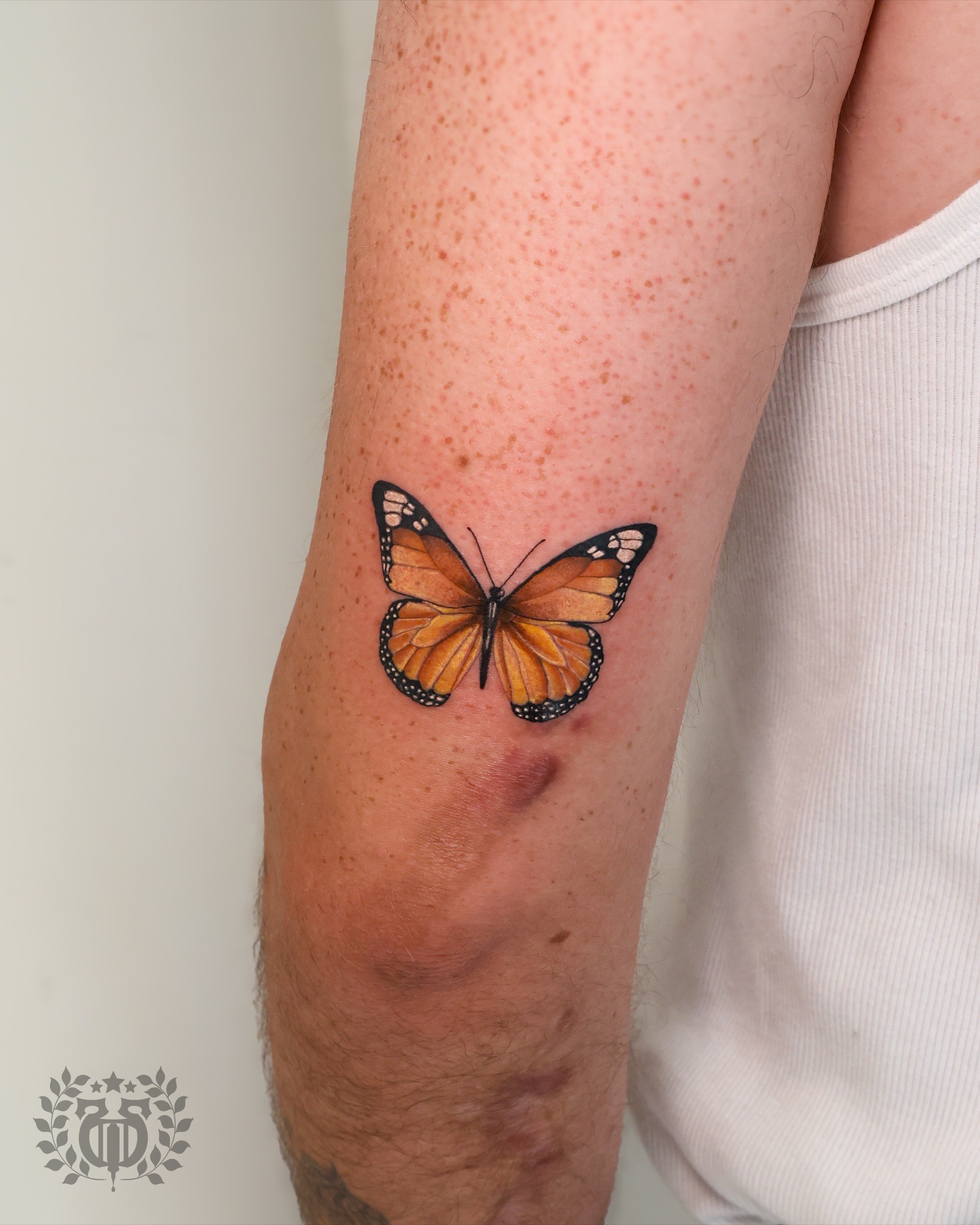 Color realistic monarch butterfly realism tattoo on arm in Los Angeles