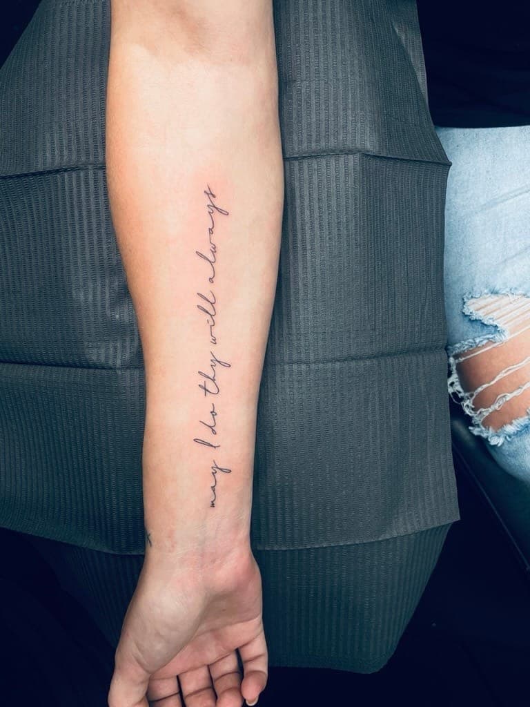 Fine line script forearm tattoo at Apollo Studio Los Angeles
