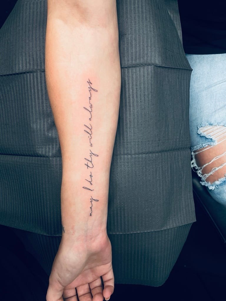 Fine line script forearm tattoo at Apollo Studio Los Angeles