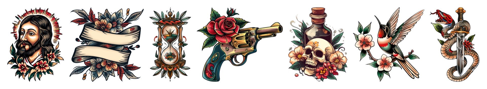 Vintage flash row with revolver, skull and snake at Apollo Studio Los Angeles