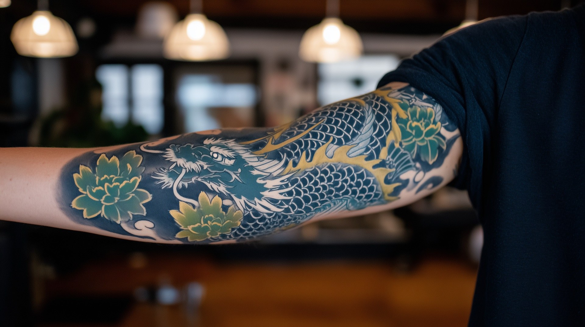 Neo-Japanese dragon sleeve with peonies