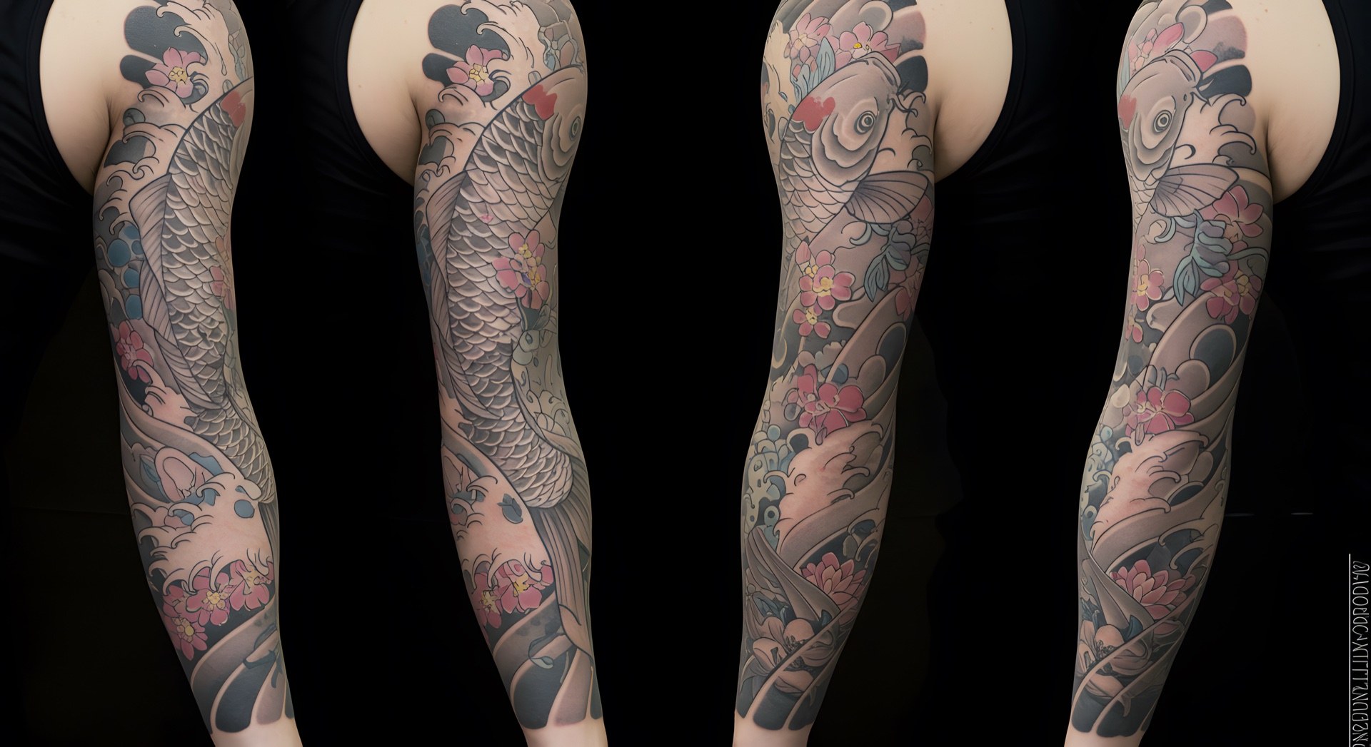 Black and grey Japanese koi and chrysanthemum sleeve