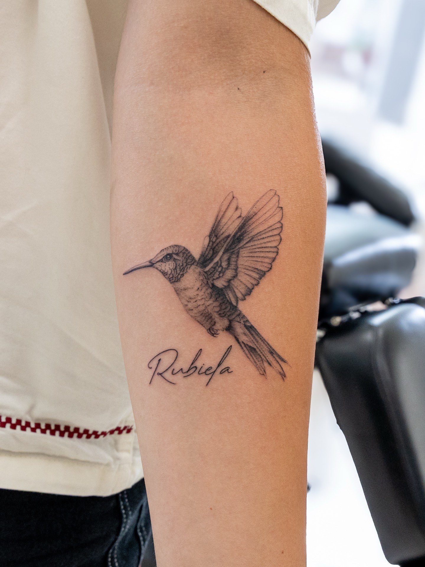Black and grey realistic hummingbird realism tattoo at Apollo Studio Los Angeles