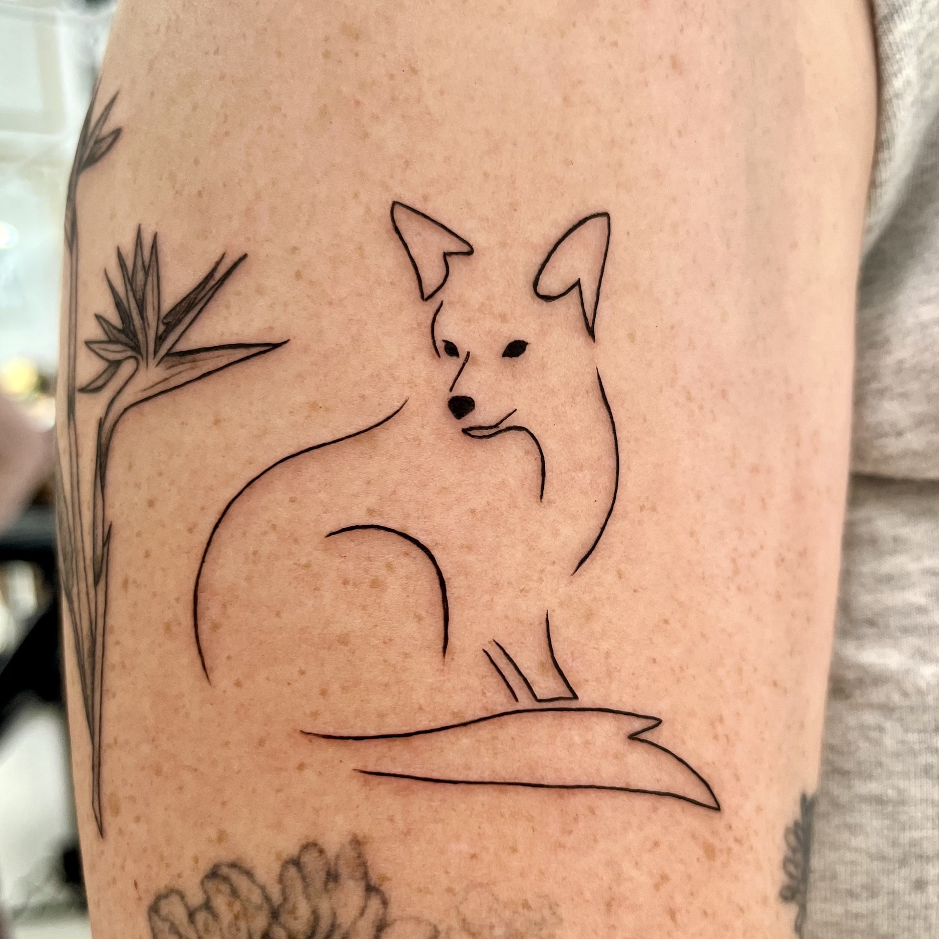 Single needle fox fine line tattoo