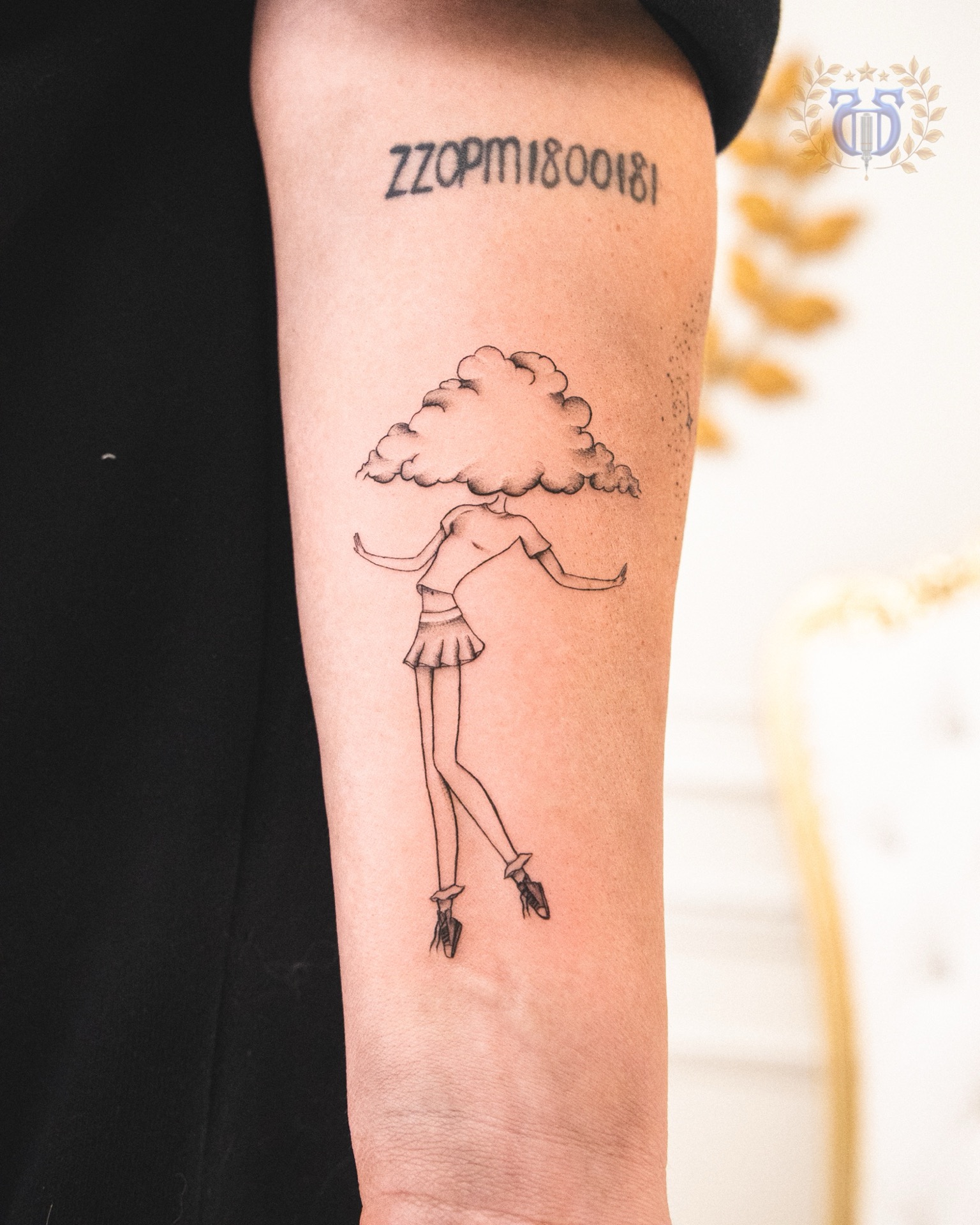 Single needle head in the clouds sketch tattoo