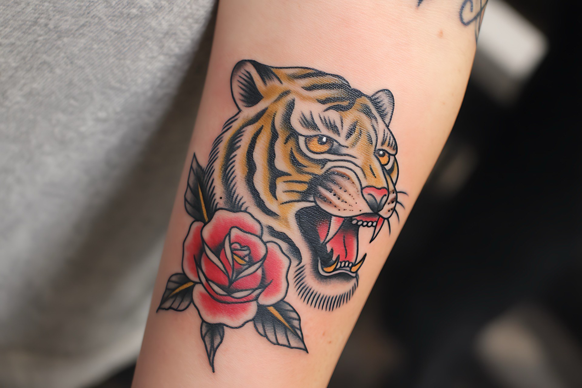 American traditional tiger and rose tattoo on the forearm at Apollo Studio Los Angeles