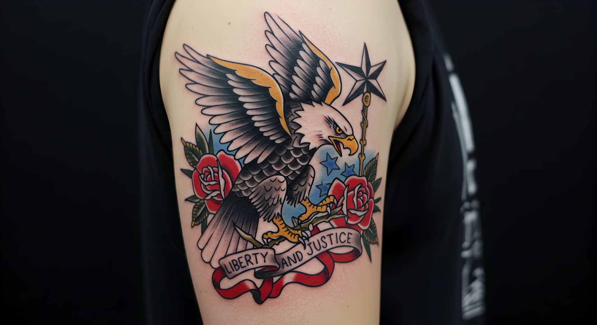 American traditional eagle tattoo with roses, star, and banner at Apollo Studio Los Angeles