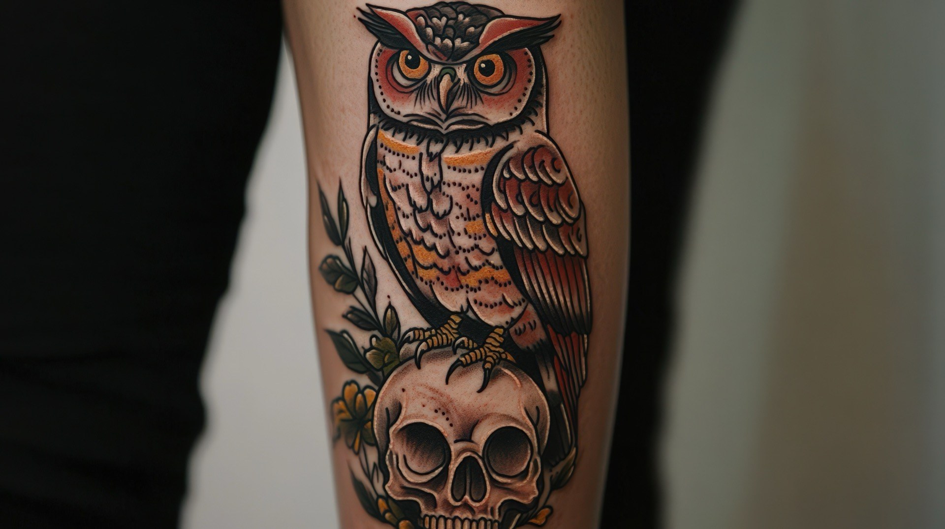 American traditional owl perched on a skull tattoo at Apollo Studio Los Angeles