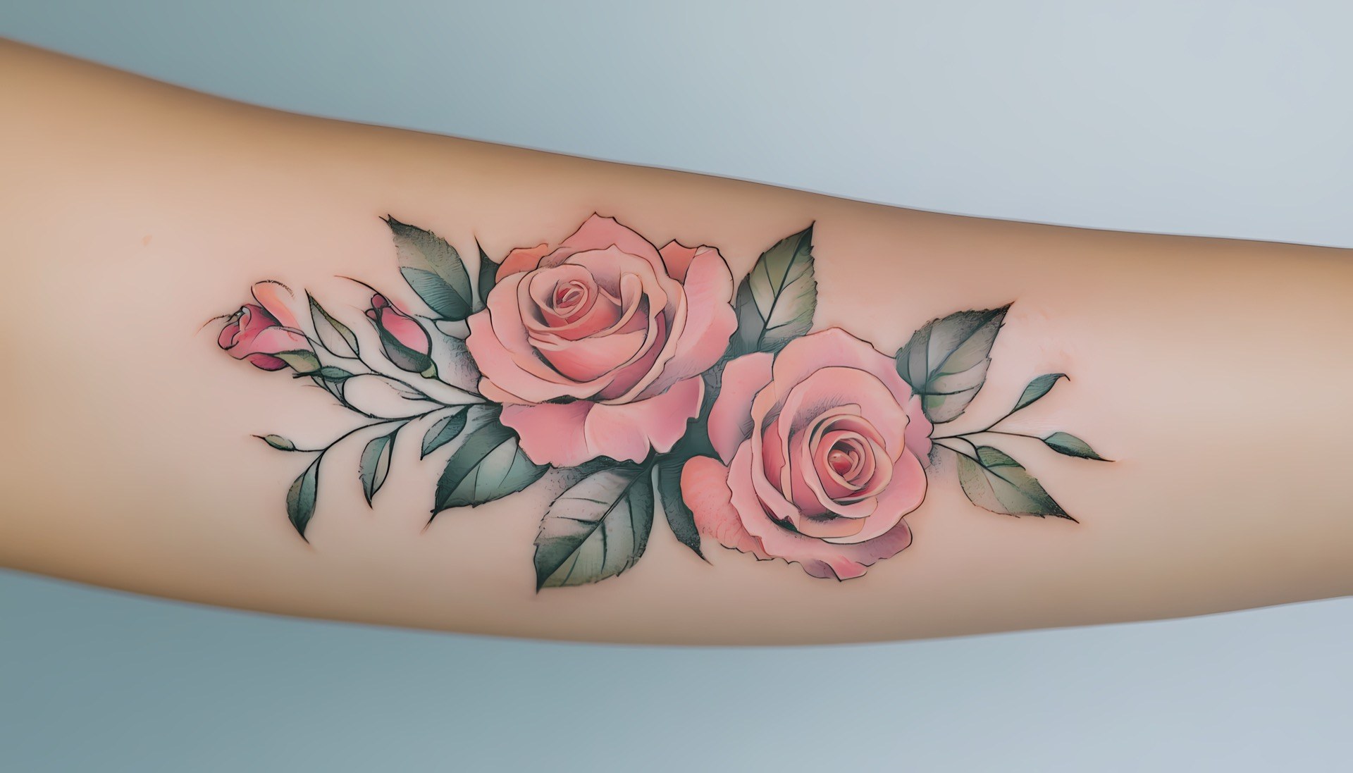 Watercolor pink roses tattoo with green leaves on the arm at Apollo Studio Los Angeles