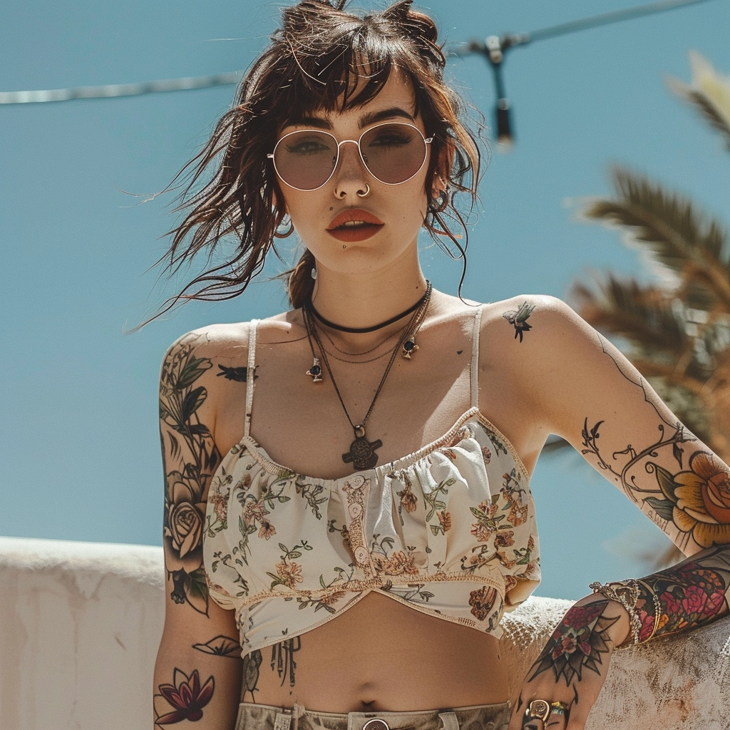 Woman wearing sunglasses with tattoos and piercings.