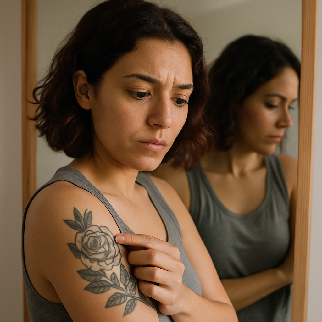 A person examining their tattoo in the mirror with a thoughtful expression — considering laser tattoo removal and its cost
